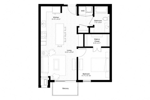 Floor plan for 1 bed, 1 bath, 743 sqft